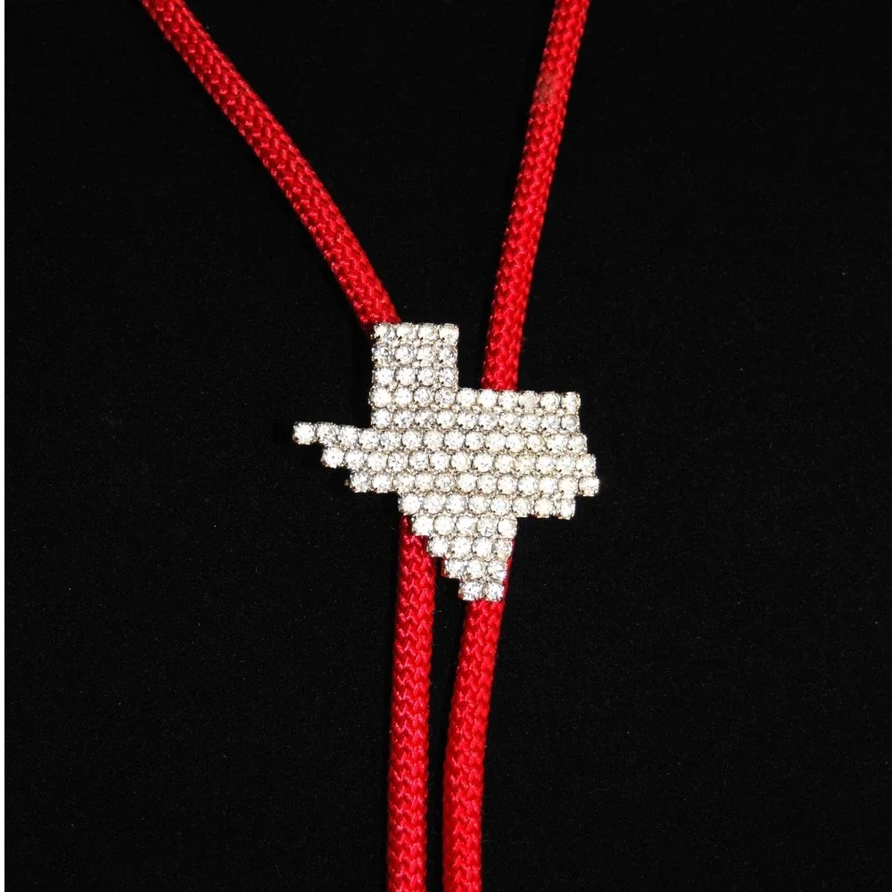 Texas Bolo Tie Vintage Red‎ Cord Rhinestone Texas Pendant Western accessory